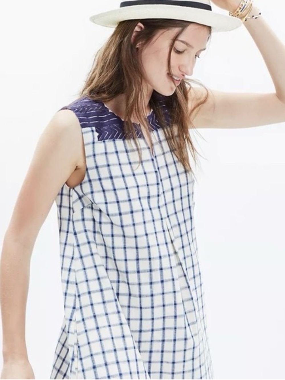 Madewell Navy Checked Yoke Sleeveless Dress